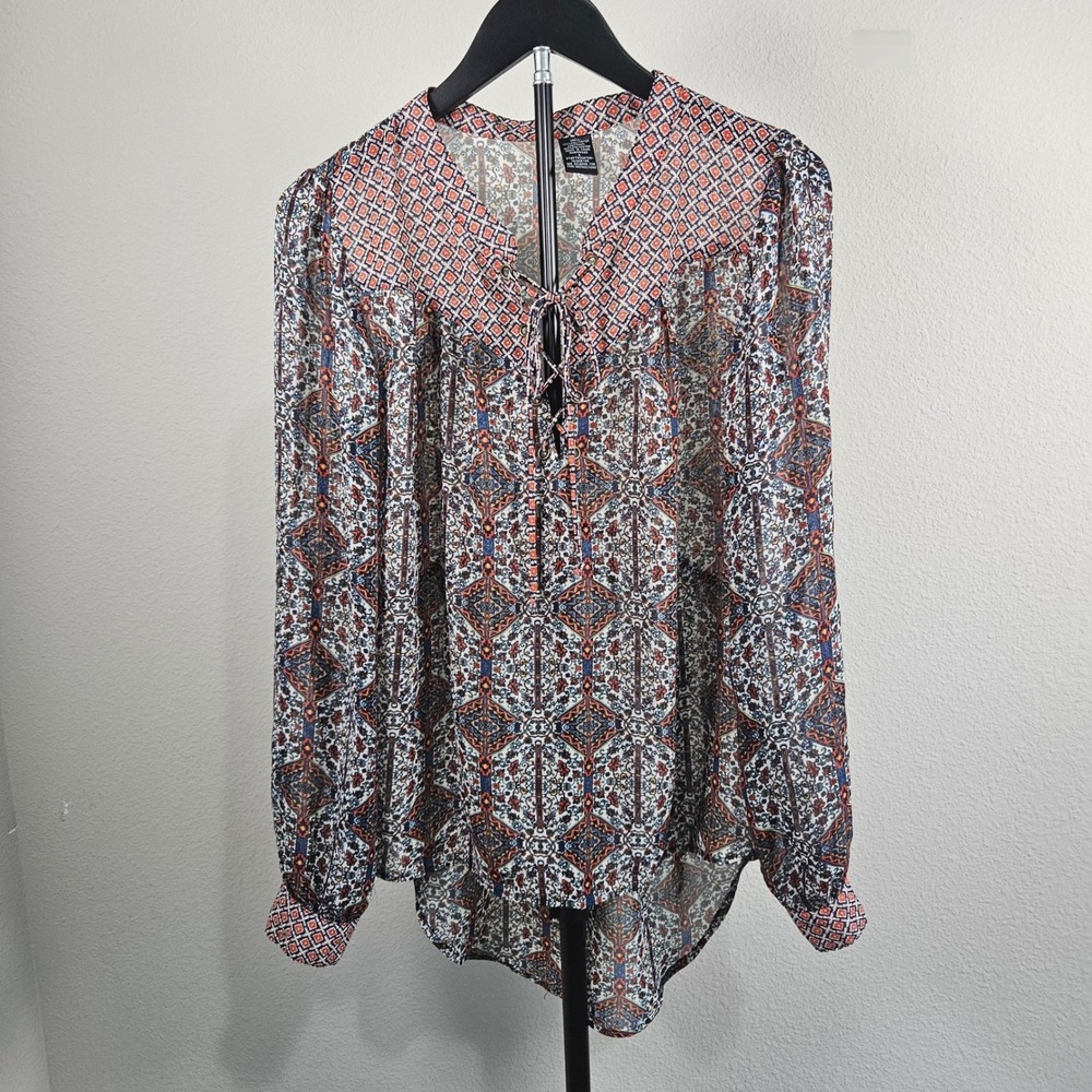 Fire Los Angeles Blouse Women S Multi Geometric Lace Up Boho Peasant Ethereal